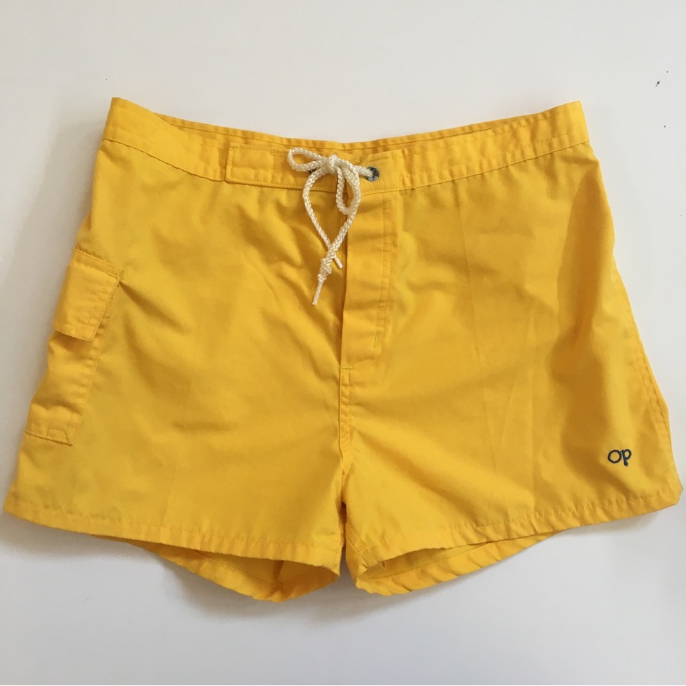Vintage OP Board Shorts Medium Yellow Gold Ocean Pacific Swim Trunks Unisex